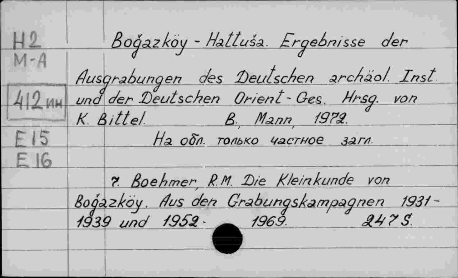 ﻿LM_		Ë>oâa.zl<O4 ” Mattusa.. /zroebnisse der
M-A	/&4S	1 d	3 yrabun^en des deutschen arc/tao/. Inst
412 ин]	иР	der Deutschen Or,ent - Ges Ursq. von
	К к.	\itte/. ß. Mann 19?<!.
EI5		На оіїл только частное загл
Е 16		
		7 ßoetimer R.M. Die /t/einkunde von
	ßoqazköq. dus den Grabunqskompaqnen 1931	_	
	7	J	a	г d 1939 und 19ІЯ-	1969	
		
		